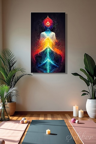 Dekoratif Dikey Kanvas Tablo Tekli Yoga Salonu Ev Ofis Enerji Akışı Çakralara Sahip İnsan Silüeti 2177