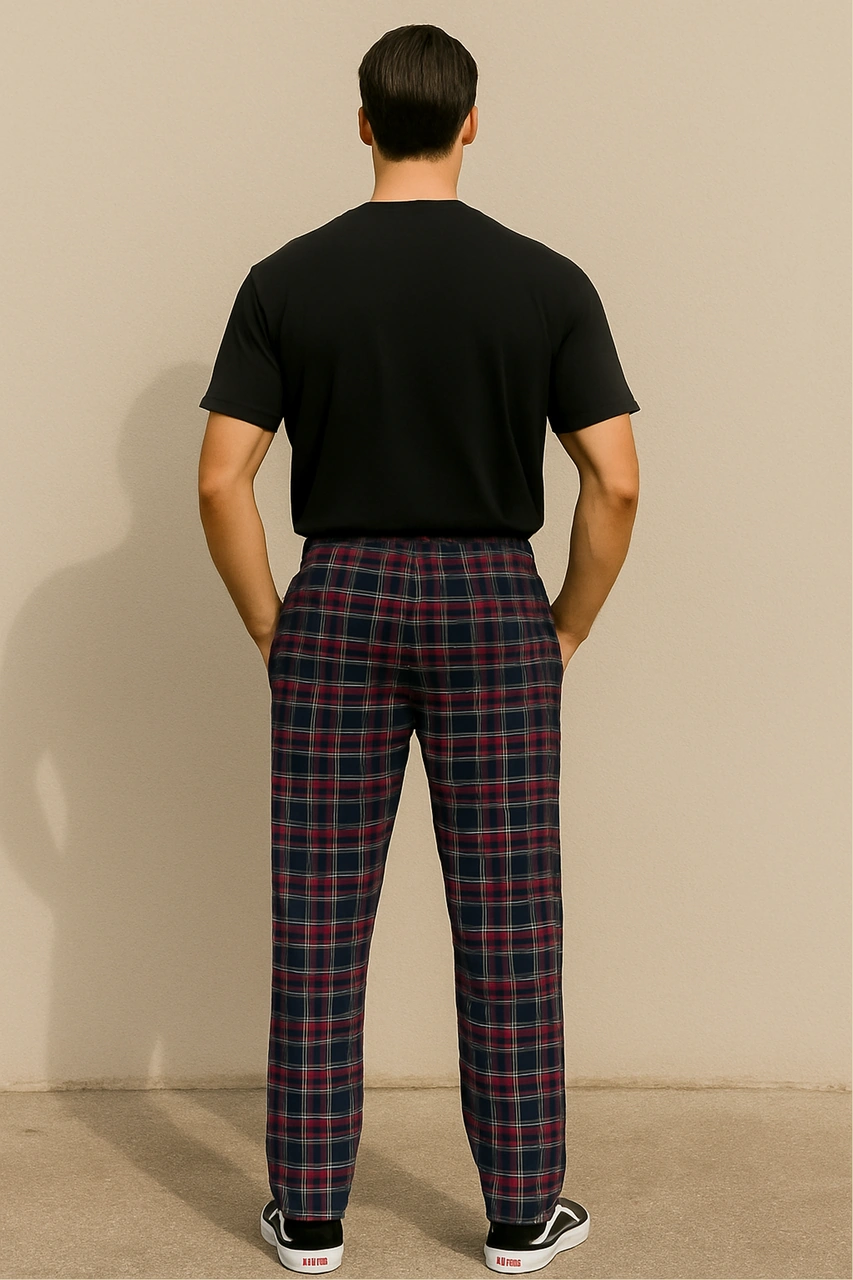 Erkek %100 Pamuk Cepli Ekose Pijama Altı Bordo Bordo Ekose