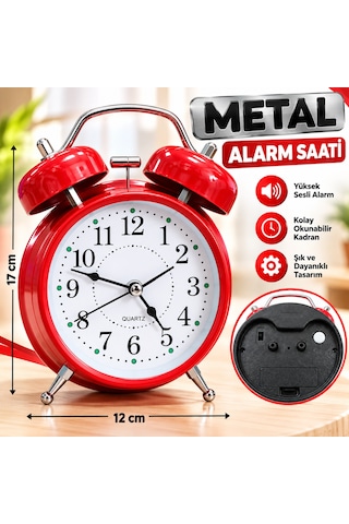 Metal Çalar Saat 12x17 Cm Yüksek Sesli Alarm, Şık Ve Dayanıklı Tasarım Kırmızı