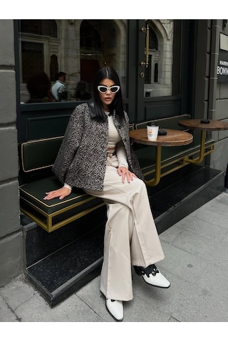 Cemo Leopar Desenli Kaşe Kısa Kaban Ceket Leopar