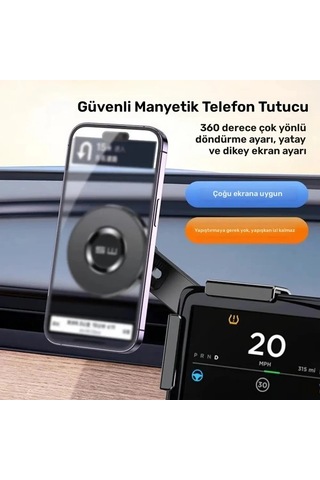 Honeybeeshop Tesla Araçlar İçin Siyah Silikon Koruma Titreşimi Önleyen Abs Malzemeli 360 Derece Dönebilen Manyetik Araç Telefon Tutucu