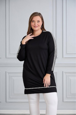 Esra Butik78 Kristal Kumaş Şerit Detaylı Tesettür Tunik 90 Cm Rahat Kalıp Günlük Şık Tunik Siyah