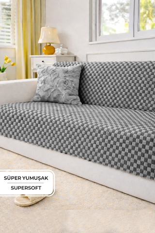 Aron Kürklü Koltuk Örtüsü 170x215 Cm Yumuşak Peluş Lüks Kaymaz Taban Kanepe Örtüsü Gri Antrasit