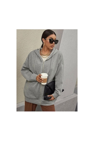 Medinenur Kadın Gri Fermuarlı Sweatshirt Gri