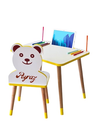 Çocuk Ders Çalışma Masa Sandalye Takımı 2-6 Yaş Sarı Ayıcıklı