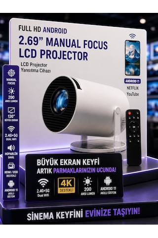 Android Wifi 4k Uhd Projektör 2.69 İnç Lcd 2.4g+5g Projeksiyon Kumandalı Ev Sinema Sistemi