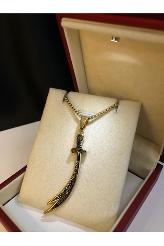 Zülfikar Kılıcı Hz.ali Altın Kaplama Çelik Kolye Işıklı Kutuda Sevgiliye Eşe Anneye Kolye Sarı