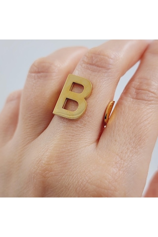 Çelik Gold Düz Kesim Harf Yüzük -b Harfi- Ayarlı Ölçü-1889 Altın