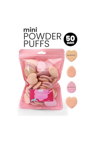 50 Li Mini Pudra Pufu Makyaj Süngeri Seti Kalp & Damla, Düz Ve Parmak Bantlı, Islak/kuru Kullanım