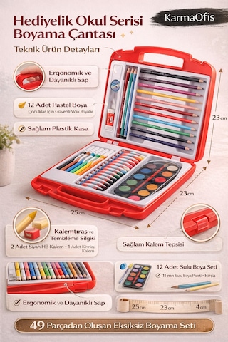 Hediyelik Okul Serisi 49 Parça Boyama Seti Çantalı Sulu Boya, Pastel, Keçeli Ve Kuru Boya Seti