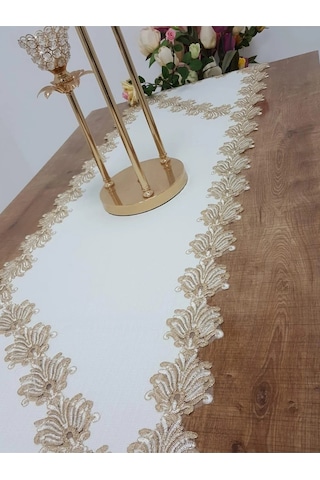 Jadelin Gold Güpürlü Keten Kumaş Runner Krem 48x145 Cm 1141 Krem