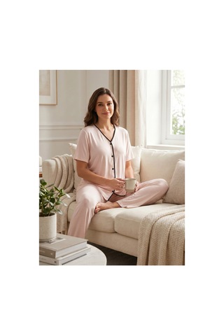Hafsara Viscoz Yumuşak Dokulu Önden Düğmeli Sabahlıklı Lohusa Pijama Takımı Pembe