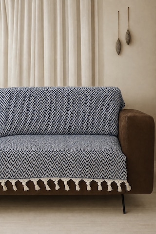Lunga Vita Başak Desen Dokuma %100 Pamuklu Çok Amaçlı Pike Koltuk Örtüsü 180x230 Indigo