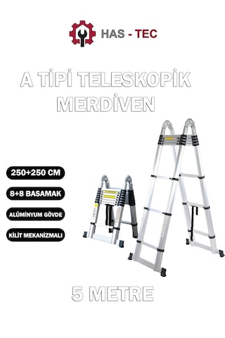 Teleskopik Merdiven A Tipi Uzayan 5 Metre 8+8 Basamaklı Alüminyum