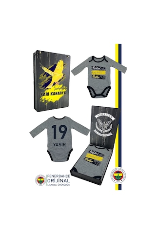 Fenerbahçe Lisanslı Kişiye Özel Kalpleri Fetheden Renkler Bebek Body Zıbın Hediyelik Ahşap Kutulu Gri