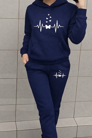 Heart Rhytym Love Baskılı Kapüşonlu Sweatshirt Ve Eşofman Altı Eşofman Takımı Lacivert