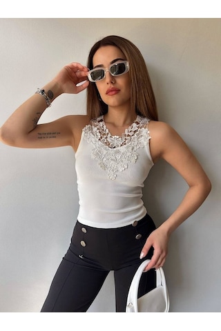 Gülsüm Aydın Kadın Ottoman Kumaş Dantel Detaylı Bluz Beyaz