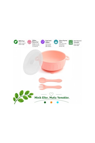 Jojobebek Kapaklı Vakumlu Silikon Mama Kasesi, Altı Vakumlu Mama Kasesi, Silikon Kaşık ve Çatal / Pembe