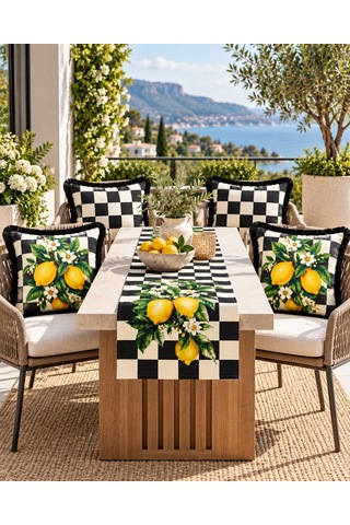 Damalı Limon Desenli Runner + 4 Lü Kırlent Kılıfı Kombin Seti 45 x 45