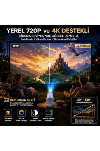 Teknomie 4k Destekli Mini Akıllı Projeksiyon Cihazı Dahili Bataryalı Wifi 6 Bluetooth 5.2 Taşınabilir Projektör