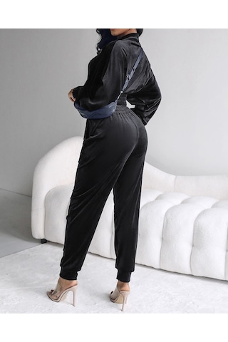 Soonaksesuar Kadın Uzun Kollu Önden Fermuarlı Krop Kadife Ceket Ve Pantolon Ikili Takım Siyah