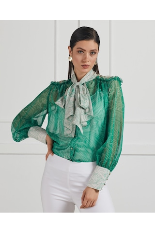 Fular Yaka Detaylı Transparan Desenli Gömlek Feminen Ve Şık Tasarım Yeşil