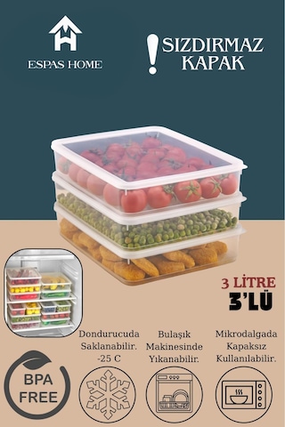 3'lü Sızdırmaz Freshbox Saklama Kabı Mikrodalga Ve Buzdolabı Uyumlu / 3000 Ml Şeffaf Şeffaf