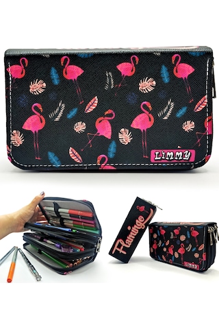 Kalem Kutusu Flamingo Siyah Kawai Organizer Kalemkutu Vegan Deri Üç Bölmeli Kalemlik Siyah