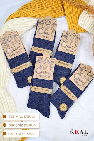 Kral Socks Erkek Kışlık Termal Etkili 5'li Paket Lambswool Kuzu Yün Çorap Lacivert