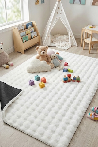 Yüksek Kalite Ekstra Yumuşak Kırık Beyaz Kaymaz Özel Tabanlı Tavşan Bubble Peluş Halı