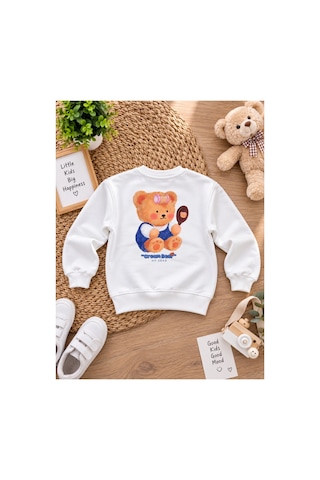 Uğur Bebe Kız Çocuk Ekru Renk 3 İplik Şardonsuz Sweatshirt Cream Bear Baskılı Pamuklu Bisiklet Yaka Uzun Kollu Ekru Ekru