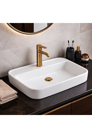 Turavit Loft Dikdörtgen Tezgâh Üstü Batarya Delikli Beyaz Lavabo 60x40 Cm Lft0710 Beyaz