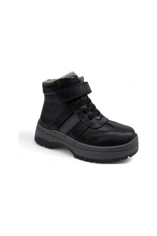 Tekiner Hakiki Deri Gerçek Kürklü Unisex Çocuk 3 Çizgi Bot Siyah