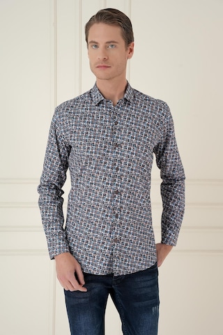 Slim Fit Baskılı %100 Pamuk Spor Mavi Gömlek G 1586 Mavi