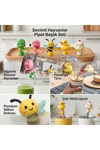 2 Adet Sevimli Hayvan Figürlü Silikon Pipet Başlığı Seti – Hijyenik Toz Önleyici Pipet Koruyucu - Stanley Quencher Uyumlu