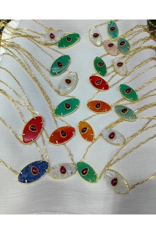 Doğal Taşlı Küçük Boy Göz Gümüş Kolye