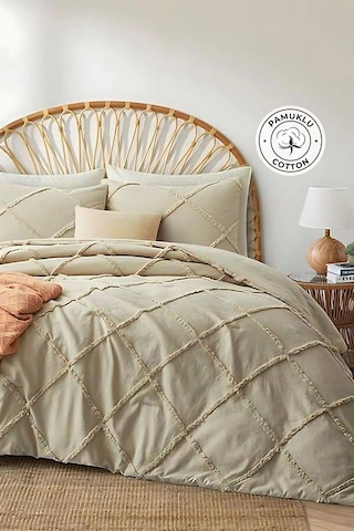 Evlen Home Pamuklu Aimar Yatak Örtüsü Takımı Çift Kişilik Günlük Boho 3 Parça Elyaf Dolgulu Bej Bej