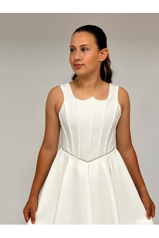 Kız Çocuk Abiye Krem Krep Kısa Bel İnce Şerit Taş Detaylı Taş Kısa Abiye Elbise 10-15 Yaş Krem