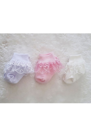 3lü Kız Bebek Dantelli Çorap Pamuklu Likralı Esnek Renkli Çok Renkli