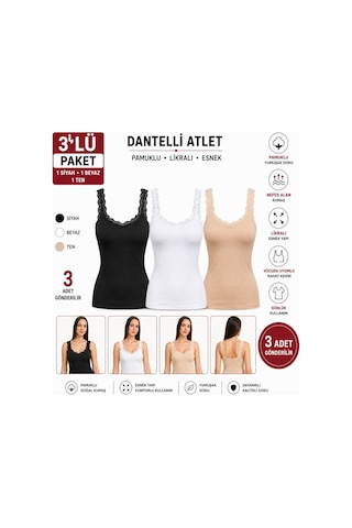 Comfort Secret 3 Lü Askılı Dantelli %100 Pamuklu Ekonomik Ve Uygun Atlet Siyah Beyaz Ten