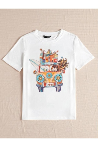Kadin Beyaz Oversize Woswos Baskılı T-shirt Beyaz-67938
