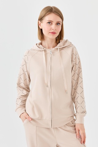 Desen Triko Kadın Triko Taş Baskılı Kapüşonlu Yazlık Sweatshirt Bej Bej