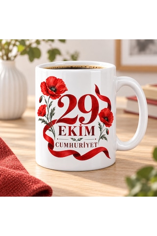 29 Ekim Cumhuriyet Gelincik Çiçekli Porselen Kupa - Kırmızı Beyaz Tasarım - Model 260 Diğer