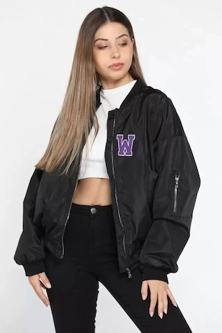 Efnaz Style Unisex Uzun Kol Baskılı Bomber Ceket - Siyah