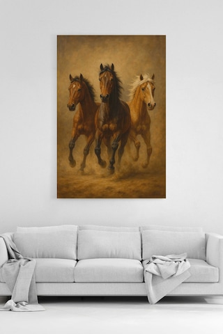 Üç At Kanvas Tablo %100 Pamuk Kumaş Göz Alıcı Dinamik Sanat Eser