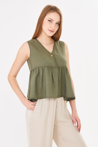Sortie Collection V Yaka Tek Düğmeli Peplum Haki Keten Bluz