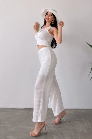 Kruvaze Yaka Crop Bluz Ve File Detaylı Pantolon Triko İkili Alt Üst Takım Beyaz Beyaz