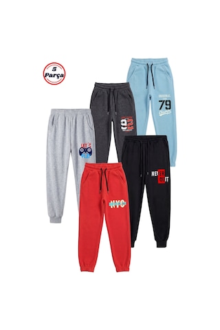 Fyk Kids 5'li Baskı Detaylı Beli Lastikli Erkek Çocuk Jogger Eşofman Altı Mavi-füme-gri-siyah-kırmızı