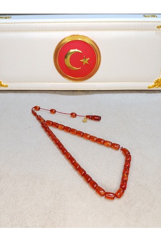 Simli Ateş Kehribar Tesbih Usta Yapımı Açık Kırmızı
