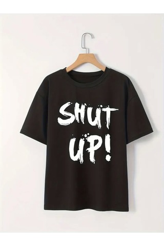 Wear Vexel Kadın Tişört Shut Up Baskılı Kısa Kol Bisiklet Yaka T-shirt - Siyah Çok Renkli